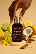 SultryScent's Nefertiti perfume oil with Ylang-Ylang-Banana and Sandalwood-Coconut on a vibrant background.