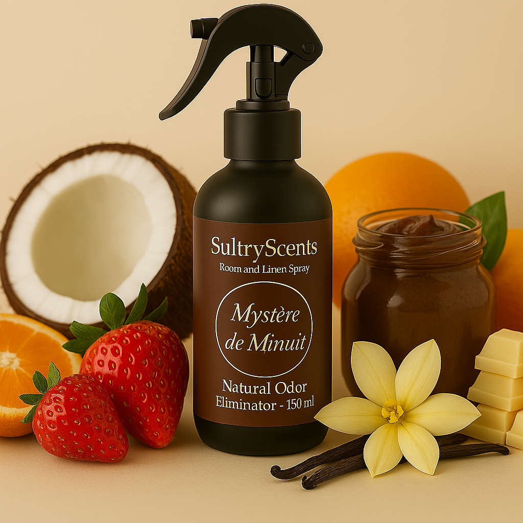 SultryScents Mystère de Minuit room and linen spray surrounded by coconut, orange, strawberries, and vanilla flowers.