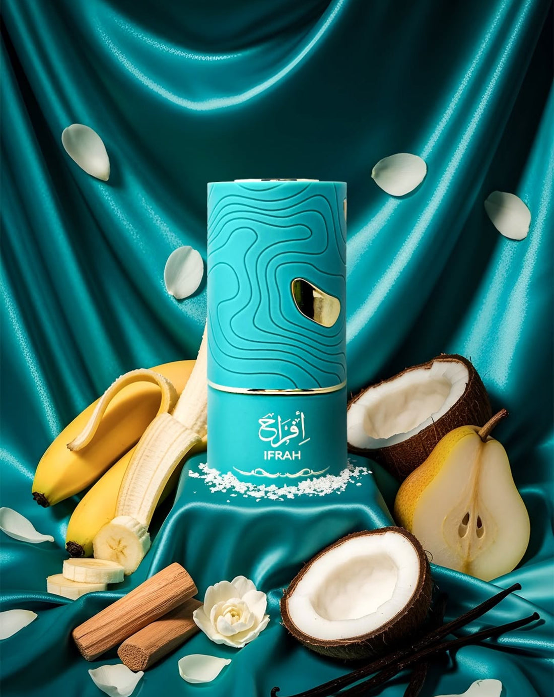 Ifrah Al Absar EDP 100ml bottle surrounded by bananas, coconut, and pears on teal fabric.