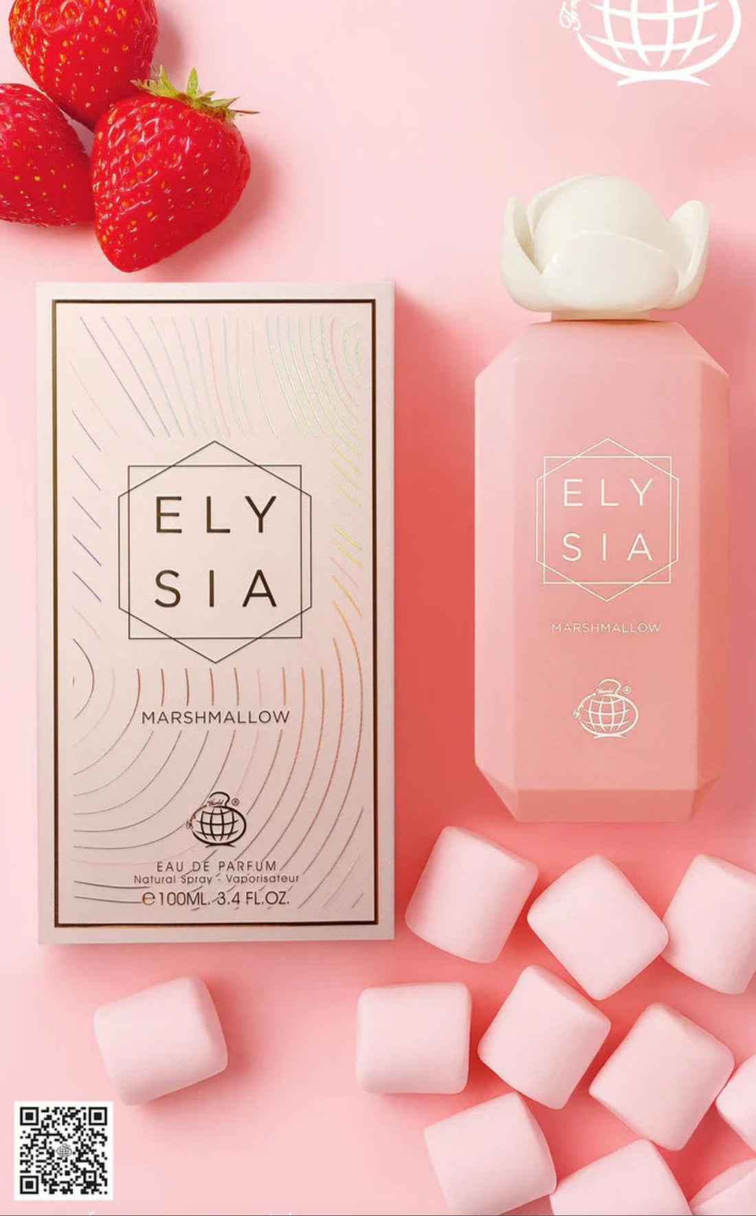 Elysia Marshmallow perfume bottle with pink packaging and marshmallows, displayed with strawberries on a pink background.