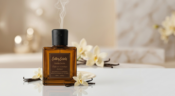 Un diffuseur électrique ambré émettant de la vapeur, entouré d'orchidées de vanille et de gousses sur une surface blanche.