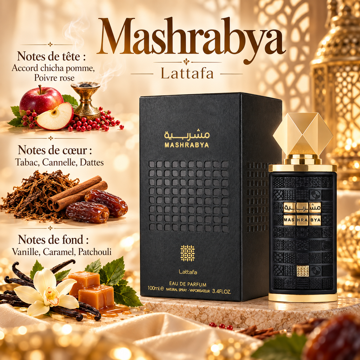 Mashrabya – Lattafa – notes olfactives avec flacon et boîte