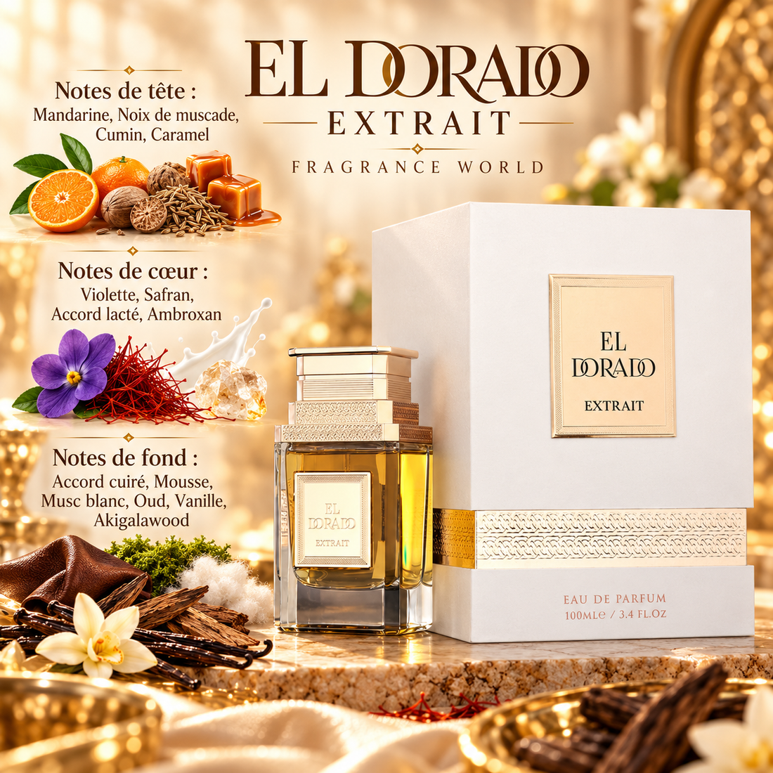 El Dorado Extrait – Fragrance World – notes olfactives avec flacon et boîte