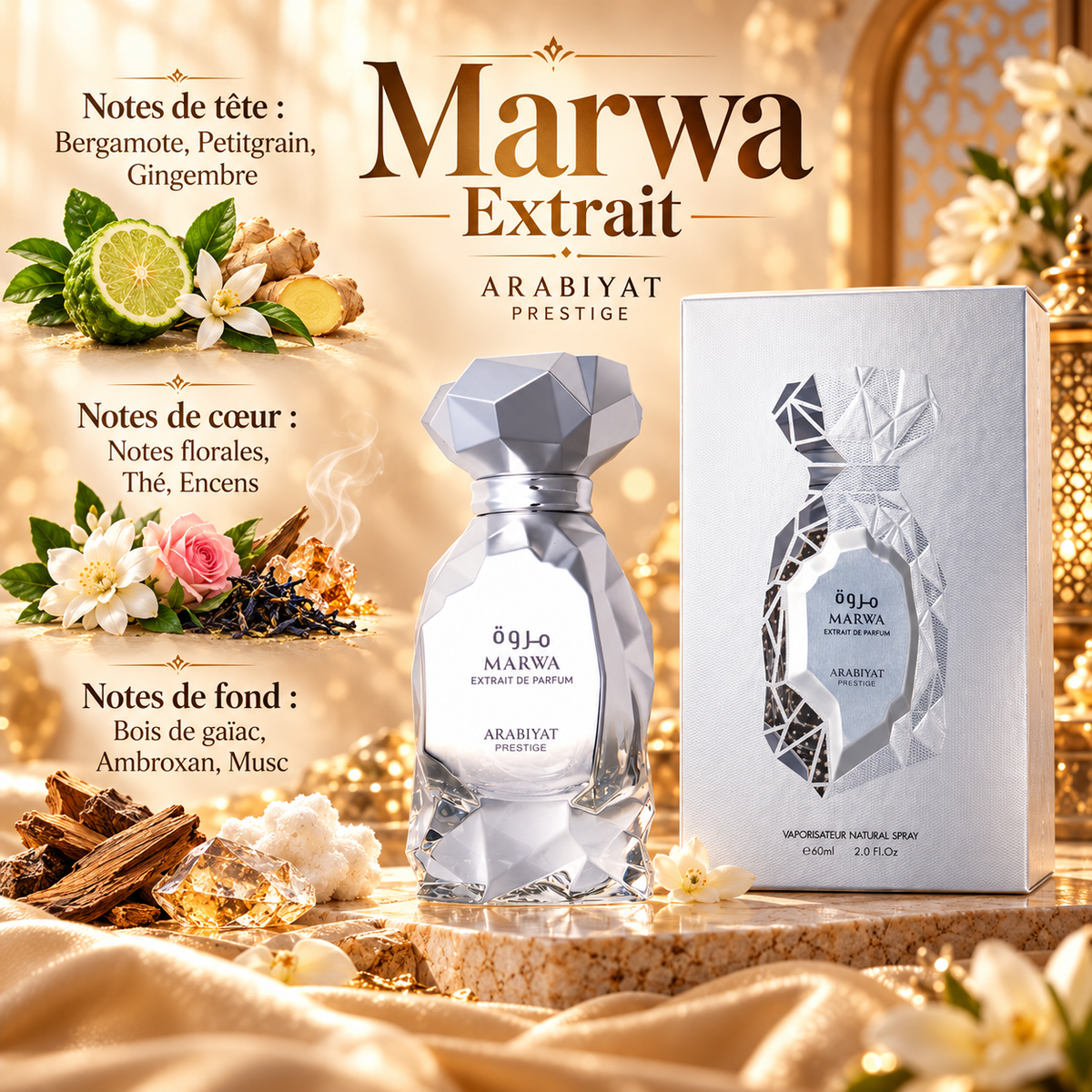 Marwa Extrait – Arabiyat Prestige – notes olfactives avec flacon et boîte