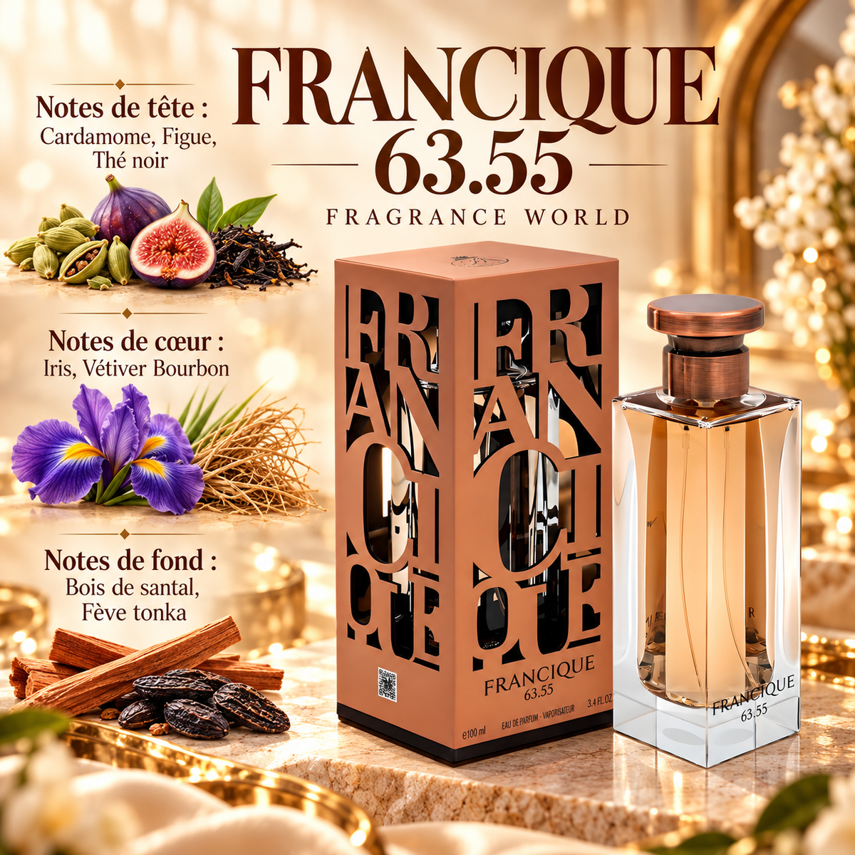 Francique 63.55 – Fragrance World – notes olfactives avec flacon et boîte