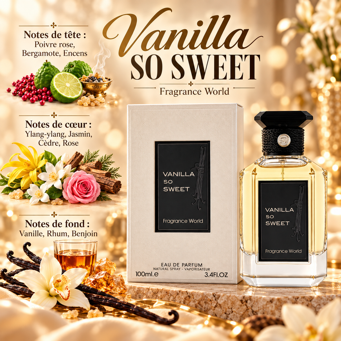 Vanilla So Sweet – Fragrance World – notes olfactives avec flacon et boîte
