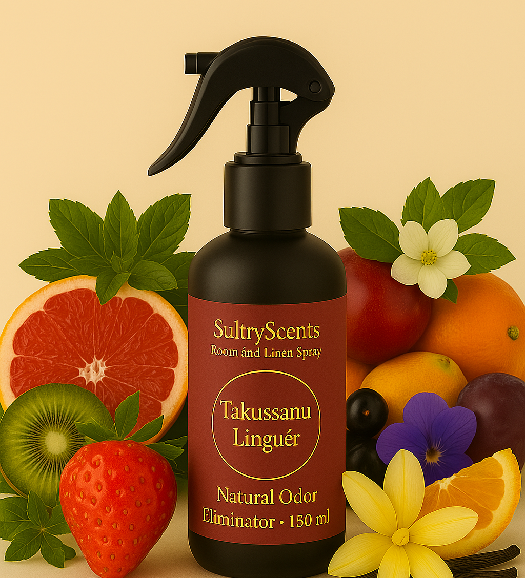 SultryScents Mystère de Minuit room and linen spray surrounded by coconut, orange, strawberries, and vanilla flowers.
