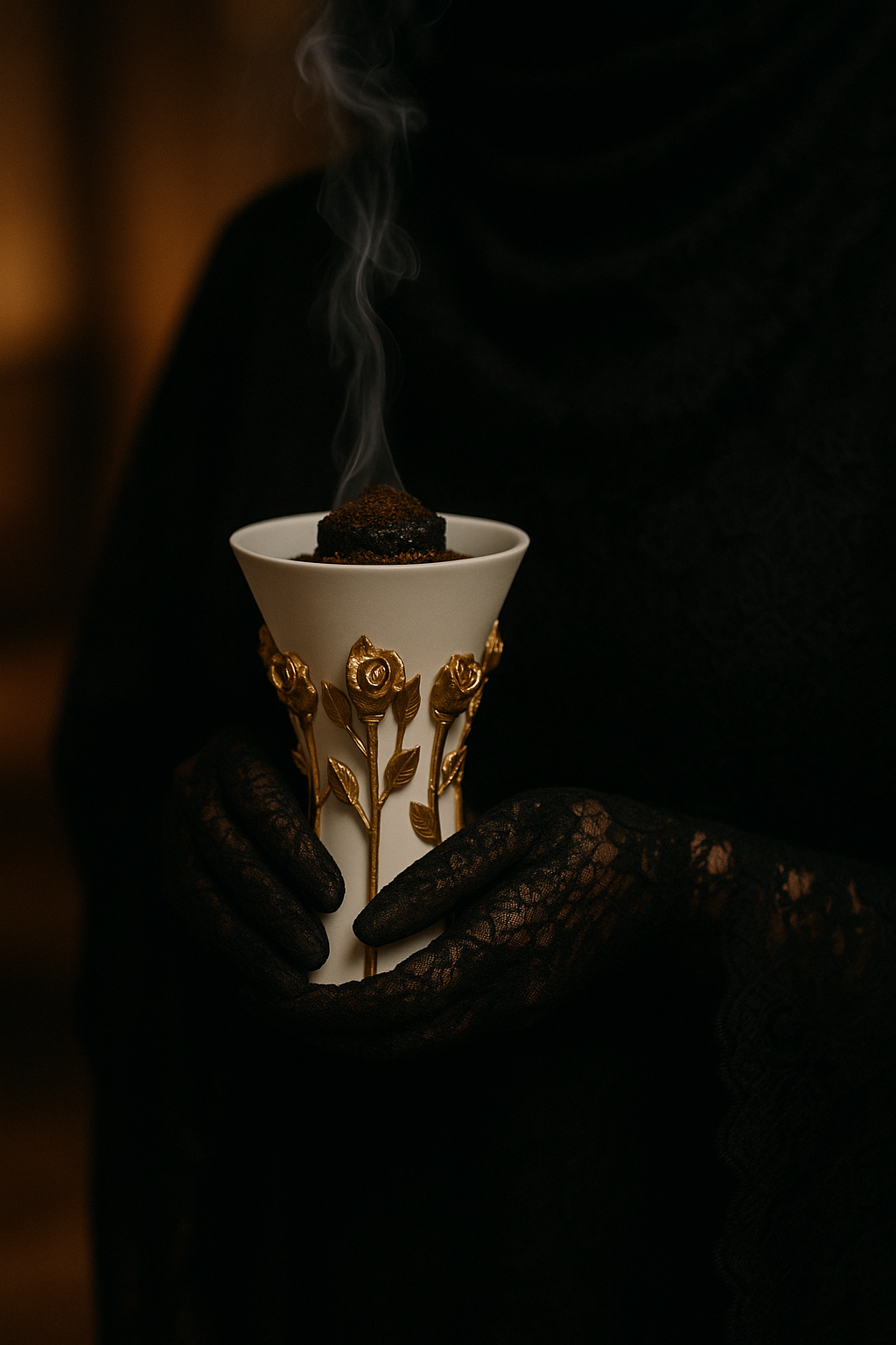 Elegant incense burner held by a woman in a purple blouse, with smoke rising, set in a stylish interior.