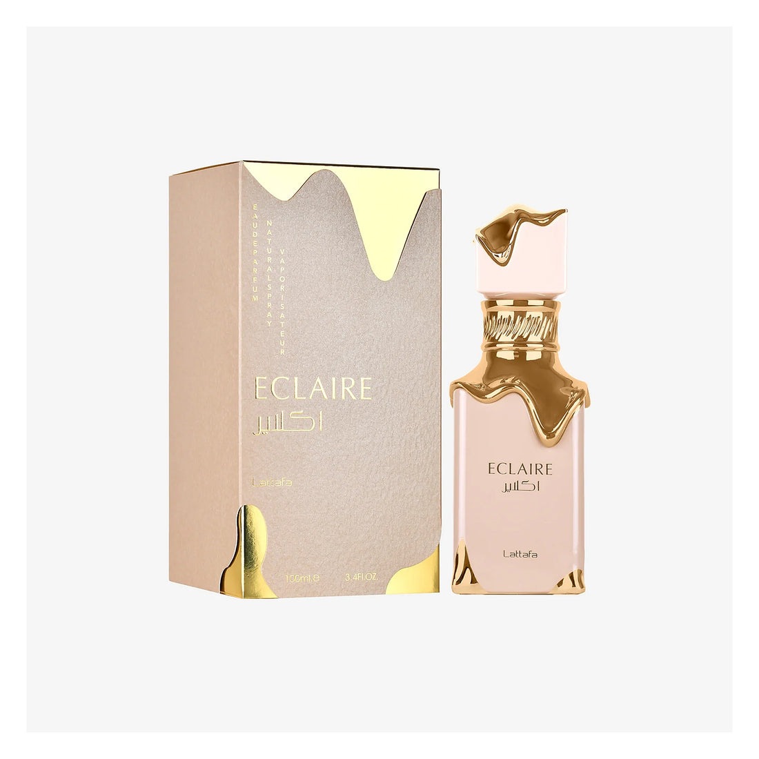 Lattafa Eclaire Eau de Parfum gourmand fragrance bottle with elegant gold accents.
