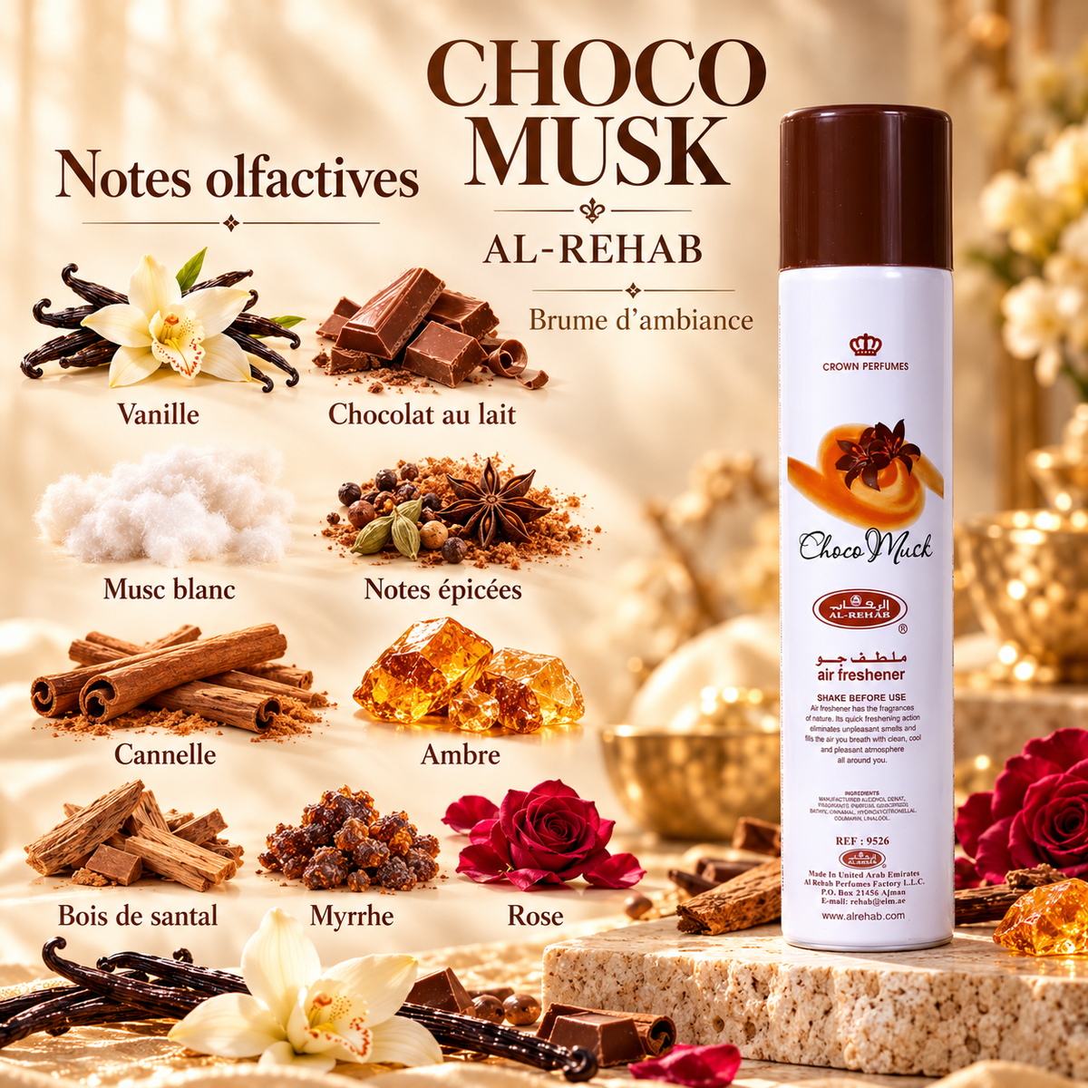 Choco Musk Al Rehab — brume d’ambiance au bouchon brun et ses neuf notes olfactives