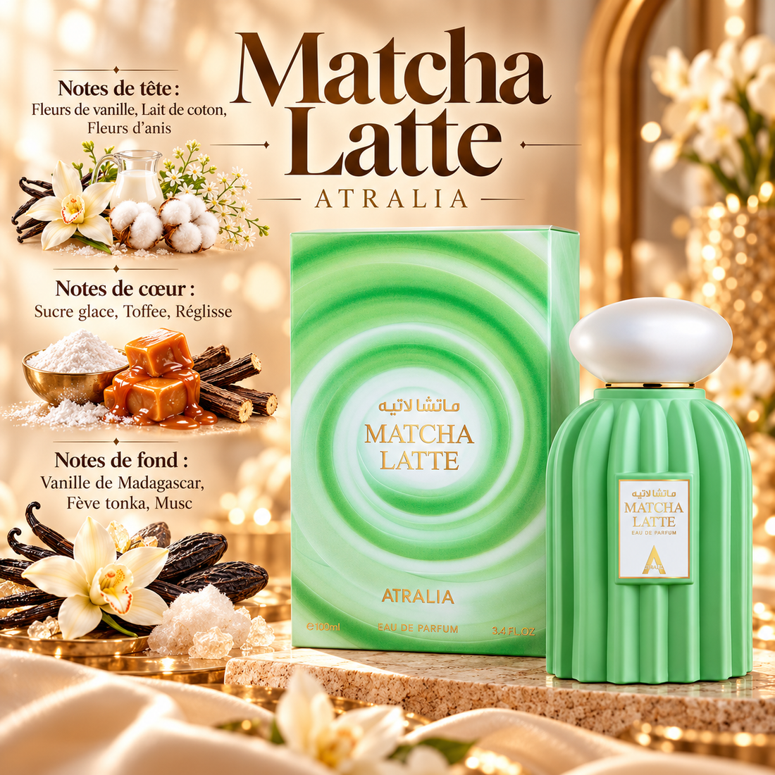 Matcha Latte Atralia 100 ml – flacon et boîte avec notes olfactives