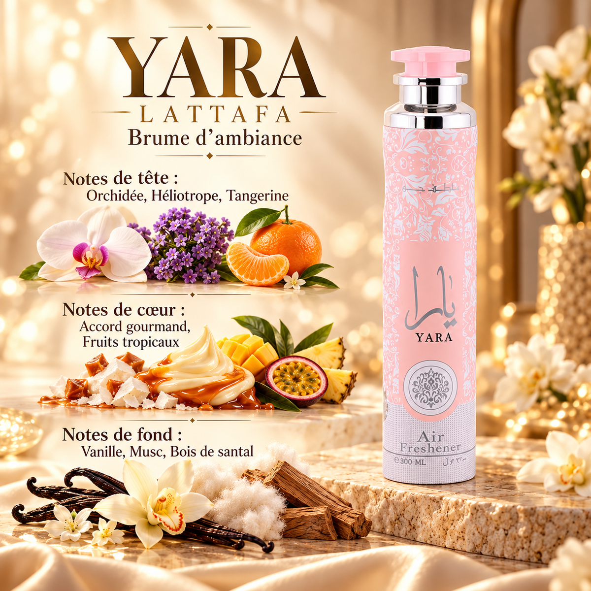 Yara Lattafa — brume d’ambiance rose, notes de tête, de cœur et de fond
