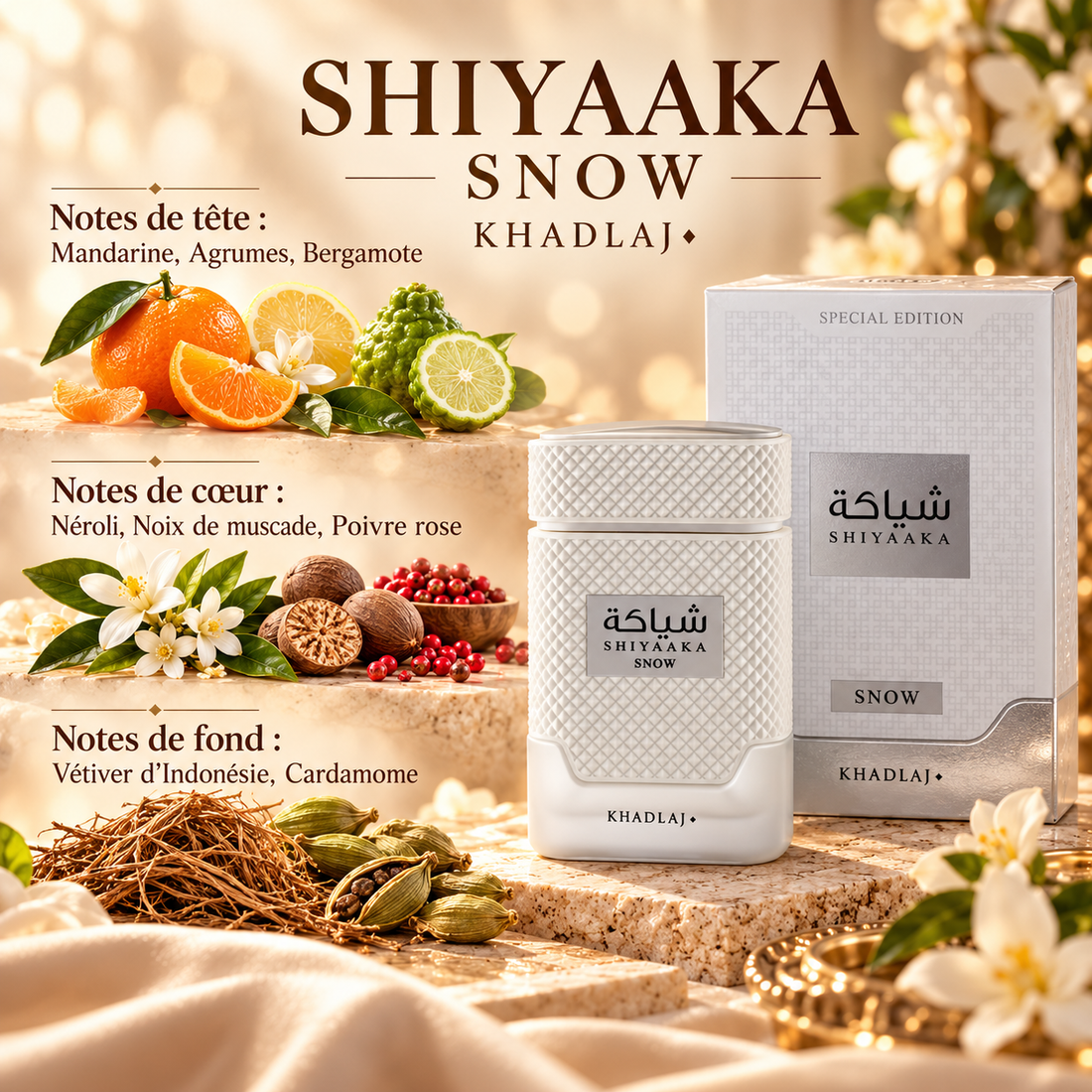 Shiyaaka Snow par Khadlaj – Parfum Unisexe de Dubaï — notes de tête, de cœur et de fond