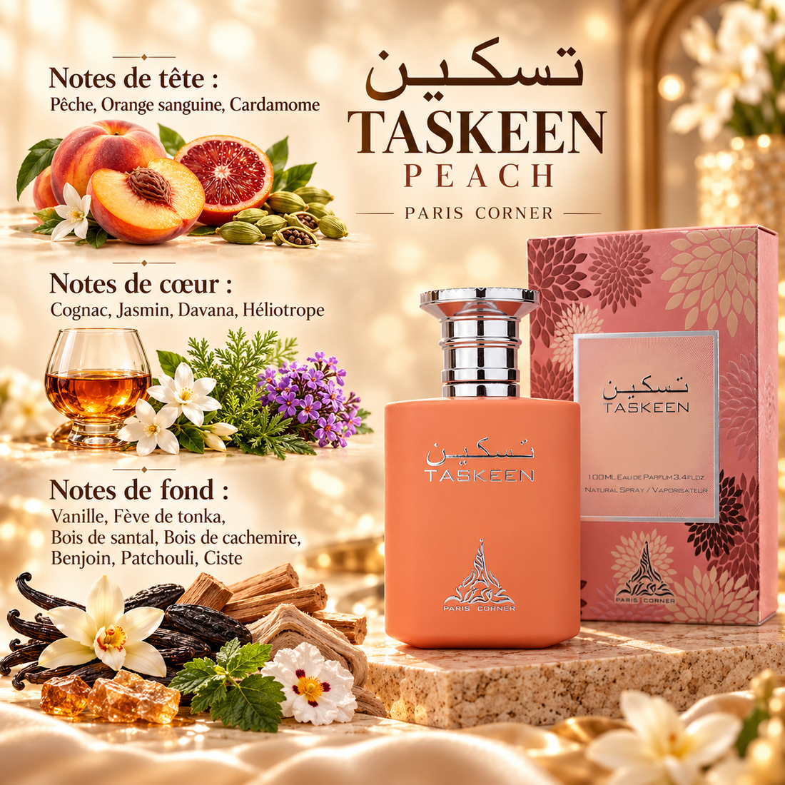 Taskeen Peach de Paris Corner – Eau de Parfum Unisexe — notes de tête, de cœur et de fond